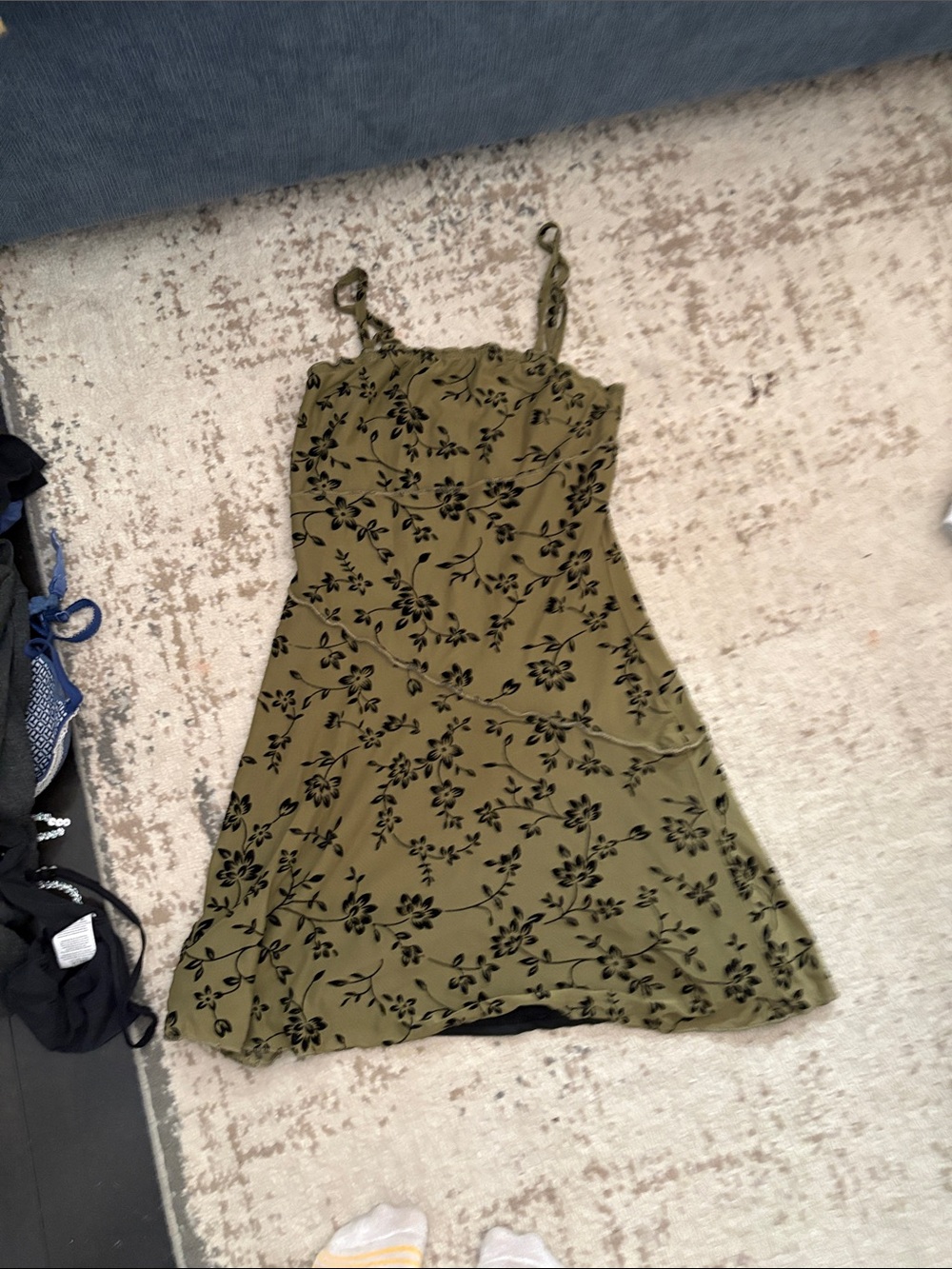 Olive Green Floral Slip Dress with Black Print